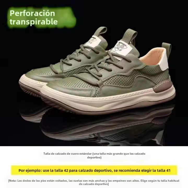 Zapatos de cuero para hombre, zapatos casuales huecos y transpirables con suela gruesa - 1