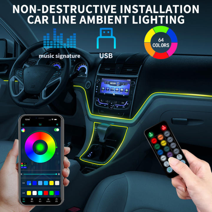 Barra de luz ambiental para coche, lámpara de atmósfera con tira oculta Interior LED Universal RGB con múltiples modos