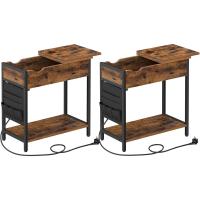 Mesa Adicional Lateral Estrecha con Multienchufe Juego de 2, Mesa de Noche con Puertos USB, Bolsos, Marrón Rústico y Negro LCT647B01 - details 0