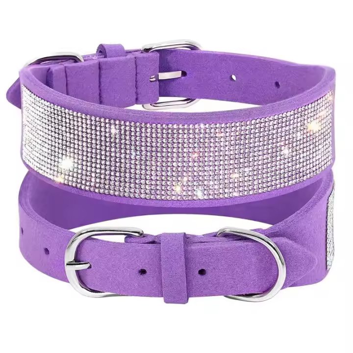 perro imitación suaves, Collar ancho cristal ostentoso mascotas, collares de gamuza con diamantes ustables para perros pequeños, - 1