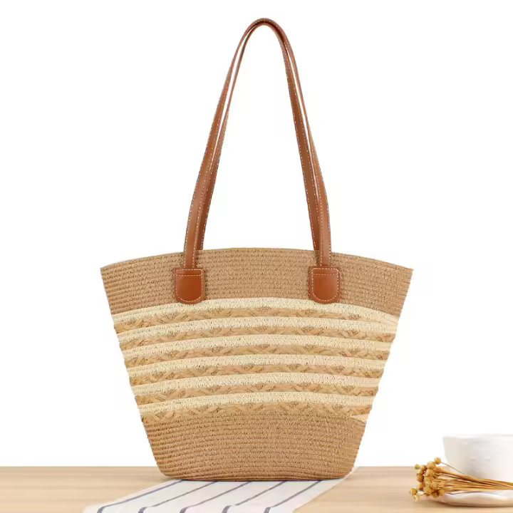 Bolso de mano de gran capacidad a rayas Bolso tejido a mano con textura premium Bolso de hombro versátil de vacaciones - 1