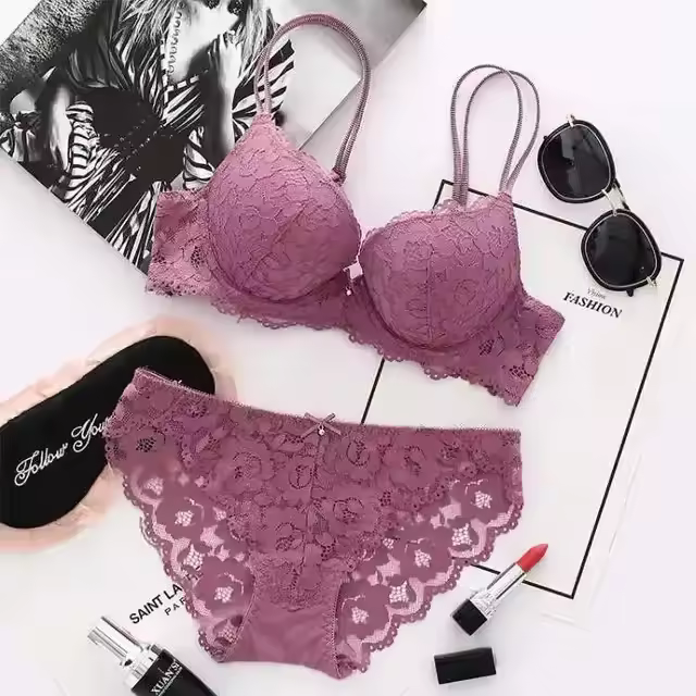 Conjunto de Lencería de Flores de Encaje Profundo V Bralette de Soporte de Algodón - 1