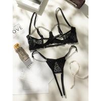 Conjunto de lencería de encaje floral erótico, sujetador abierto transparente y tanga con cadena, lencería sexy y ropa interior - details 9