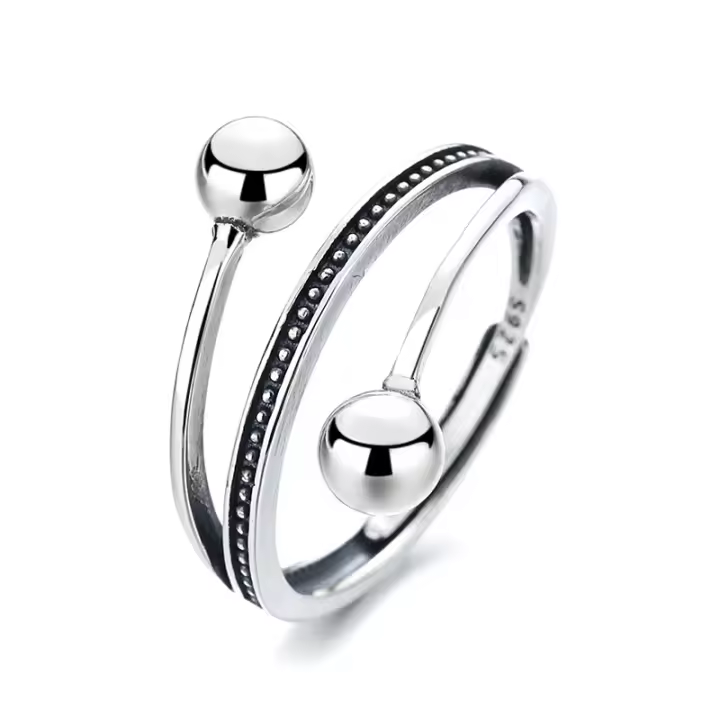 Anillo de cuentas redondas irregulares multicapa de plata estilo retro punk diseño de nicho accesorios de anillo de comida - 1