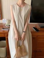 REALEFT verano sólido cuello redondo plisado vestidos sin mangas para mujer 2024 nuevo coreano sin mangas Casual suelto A-Line vestidos bolsillos Mujer - details 3