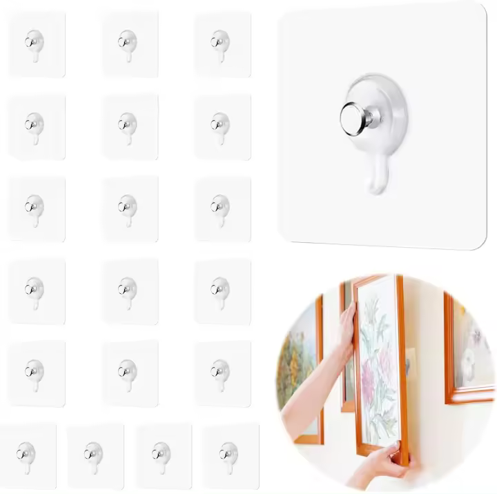 20 piezas clavo de pared autoadhesivo, gancho para colgar marco sin perforación, ganchos adhesivos transparentes para colgar cuadros extraíbles - 1
