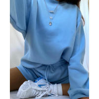 Wind Conjunto de pantalones cortos y sudadera con cuello redondo informal holgado de Color puro para mujer - details 48