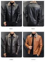Chaqueta de cuero multicolor Retro para hombre, chaqueta de cuero cálida a prueba de viento con cuello de piel sintética de invierno para hombre - details 2