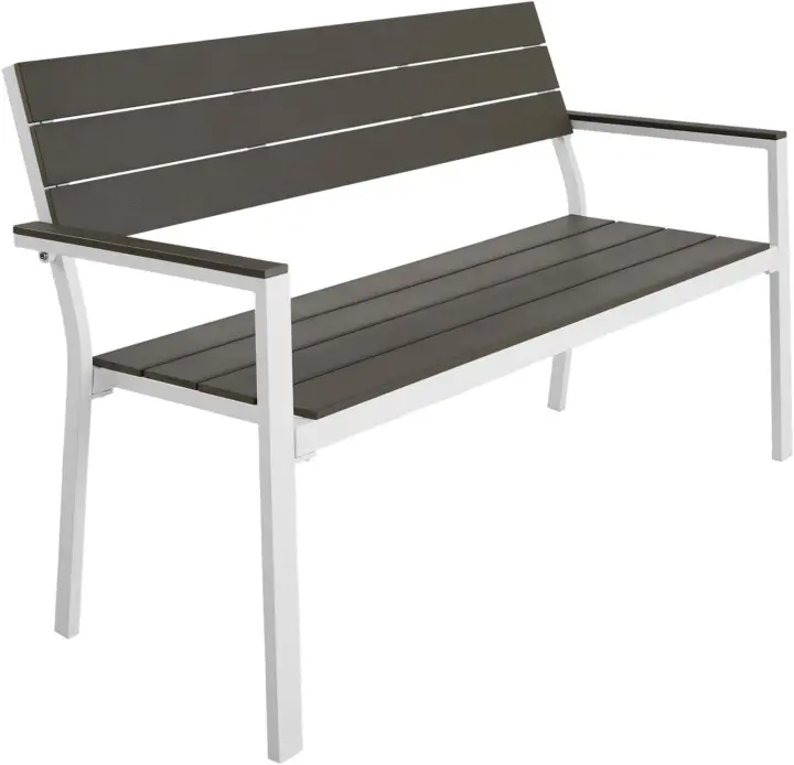 Banco de Jardín Moderno para Dos Personas, Estructura de Aluminio Resistente, Banco de Jardín, Asiento de Poliestireno Efecto Madera, Ideal para Patio y Terraza Exterior - Oscuro - 1