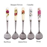 Cuchara de café de cerámica con flores rosas, cuchara de helado de acero inoxidable para cocina y comedor, cucharadita de postre - details 7