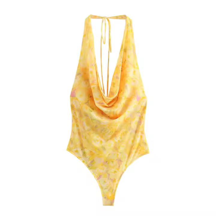 Mono de Malla de Seda con Estampado Americano para Mujer Traje Sexy Ajustado con Cuello en V y Cuello Colgante Novedad de Verano - 1