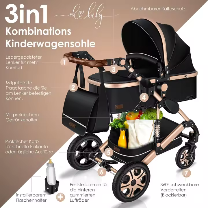 Combo de Carrito Completo Silla de Paseo Deportiva para Bañera y Silla de Paseo, Neumáticos de Goma Dura, Bolsa de Cambio - 1