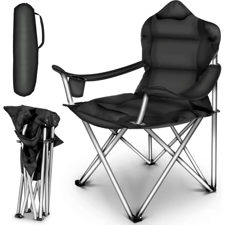 Camping Plegable y transportable |   hasta 150 kilos |    Pesca portátil con reposabrazos y portabebidas (Negro) - 1