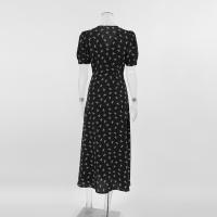 Vestido largo de estilo francés con estampado floral, pequeño, negro, otoño, nuevo, manga corta, cintura con abertura, corte en A - details 17