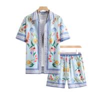 Conjunto Casual de Poliéster Ligero Camisa con Estampado Floral y Pantalones de Cierre de Cremallera Estilo de Primavera/Otoño, Ajuste Suelto, Diseño Geométrico - details 2