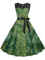 Vestido midi de fiesta elegante de verano con estampado floral, encaje, sin mangas, línea A y cinturón para mujer - details 21