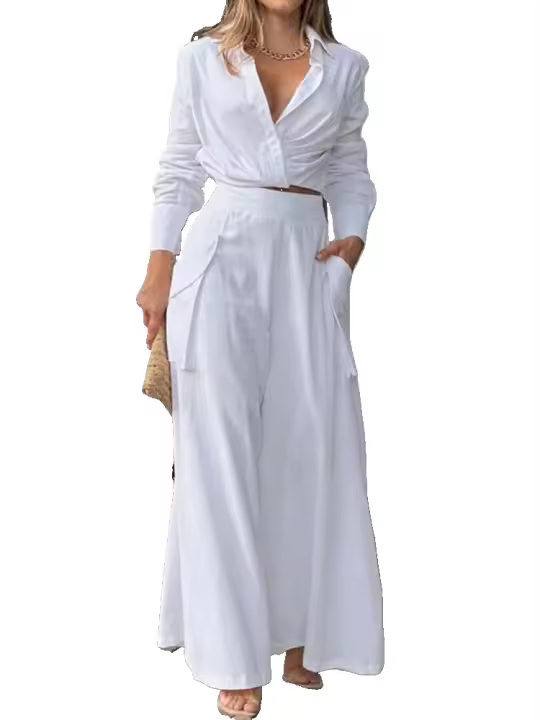 Conjunto informal de 2 piezas para mujer, camisa elegante de manga larga con cuello vuelto y pantalones de pierna ancha - 1