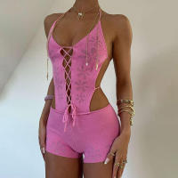 BUNO-Pelele con espalda descubierta de ganchillo para mujer, pelele Sexy con cuello Halter y fruncido, ajustado, elástico, Hipster, para entrenamiento - details 4
