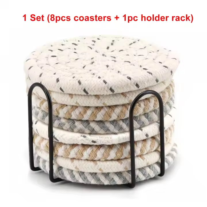 Juego de posavasos tejidos con soporte, 8 piezas, resistentes a altas temperaturas, abatibles, para café, té y bebidas - 1