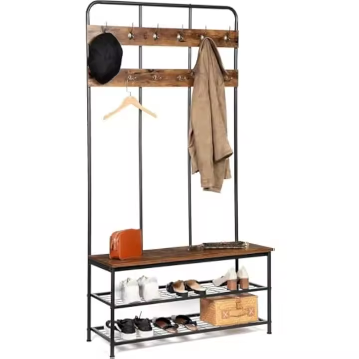 100×35.5×182cm Perchero con Zapatero, Entrada Recibidor Perchero con 12 Ganchos, Pasillo o Entrada, Industrial, Marrón Rústico y Negro - 1