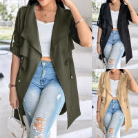 Ropa de mujer 2025 Otoño e Invierno moda suelta Color sólido manga enrollable chaqueta cortavientos de longitud media - details 0