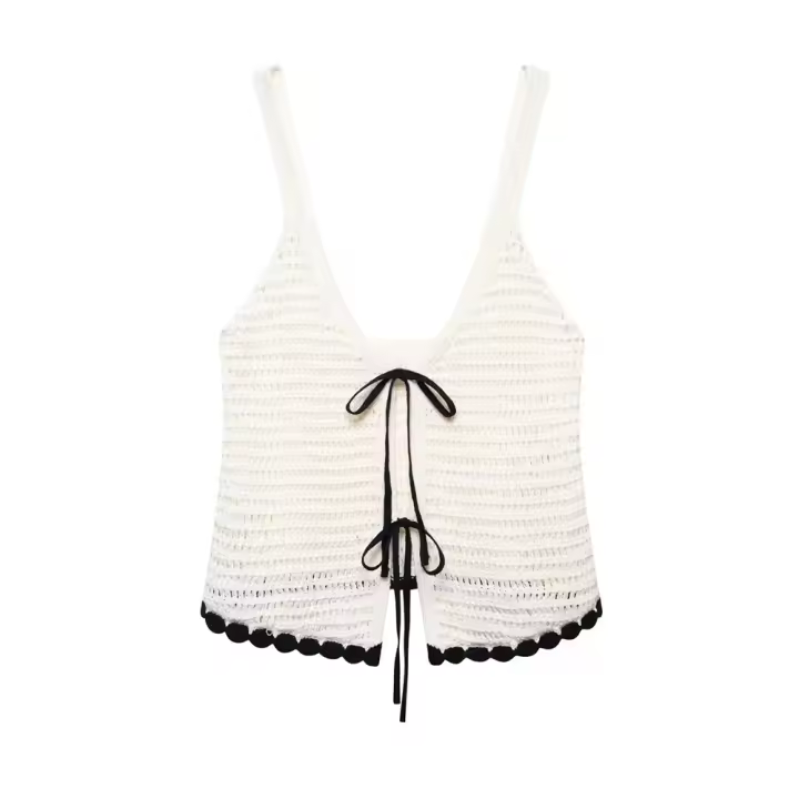 PB & ZA 2025 novedad de verano, top romántico francés de ganchillo decorado con lazo informal para mujer, tirantes - 1
