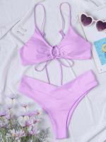 Nuevo conjunto de bikini de alta elasticidad verano 2025, sexy de dos piezas con cordones de color sólido para mujer, traje de baño de playa - details 25