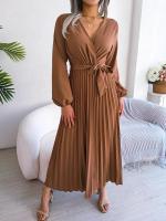 Vestido largo plisado con dobladillo grande para mujer, vestido cruzado de Color liso con cuello en V, moda de primavera y verano - details 2