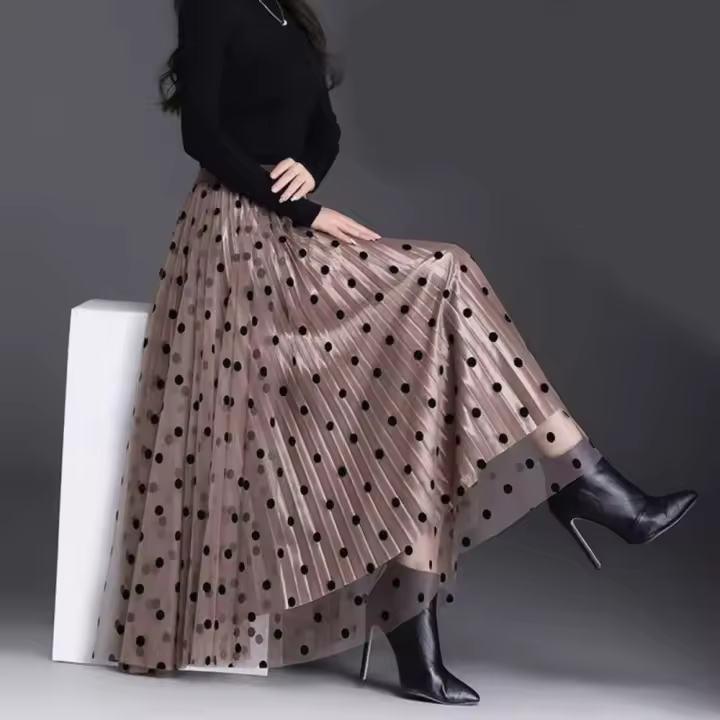 Elegante informal que combina con todo, verano y oficina, campaña para mujeres, Falda plisada Lunar de malla dulce con elástico alto - 1