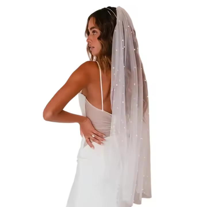 Velos de novia románticos con cuentas de perlas y peine, velo de novia de una capa de tul suave con perlas de imitación - 1