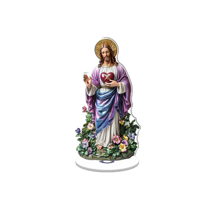Expositor acrílico giratorio con un Sagrado Corazón de Jesús translúcido con colores vibrantes, halo detallado y adornos ricos sobre un fondo blanco. - 1