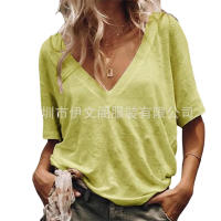 Bay Camiseta informal de manga corta con cuello en V profundo para mujer, nuevo estilo europeo y americano, top en seis colores en stock - details 2