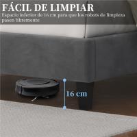 Marco de cama con cabecera tapizada, altura ajustable, soporte de láminas de madera y patas metálicas, color gris oscuro. - details 5