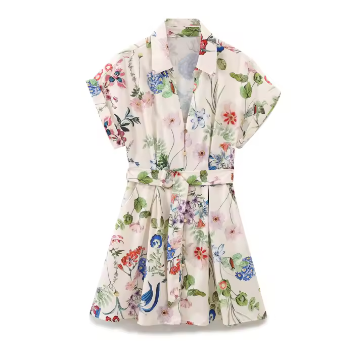 Ropa de mujer europea y americana popular vestido corto con cinturón de textura de seda impresa - 1