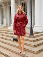 Gabardina cortavientos de piel sintética para mujer, chaquetas con cinturón, abrigo largo medio - details 13