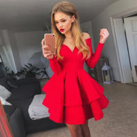Vestido de fiesta de manga larga para mujer, de Color sólido ropa Sexy, cuello en V, hombros descubiertos, rojo, Otoño, 2024 - details 3
