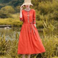 Elegante Vestido Rojo Vintage de Algodón Lino Moda Casual Suelta para Mujeres en Primavera Otoño - details 2