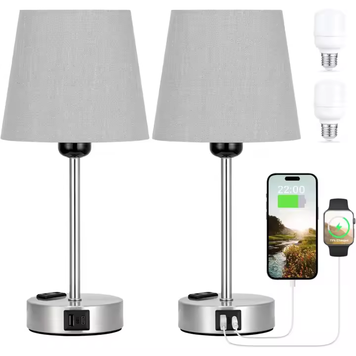 Lámpara de noche táctil con puertos USB-A+C + enchufe CA 2 bombillas, 3 intensidad variable, pantalla de tela gris, base plateada escarchada, lámparas de mesa para dormitorio, salón infantil - 1