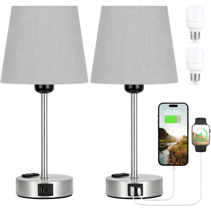 Lámpara de noche táctil con puertos USB-A+C + enchufe CA 2 bombillas, 3 intensidad variable, pantalla de tela gris, base plateada escarchada, lámparas de mesa para dormitorio, salón infantil - 1