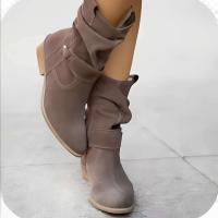 Western cowboy 2025 tobillo tacón bajo gamuza hebilla de metal cremallera lateral botas cortas zapatos de mujer - details 1
