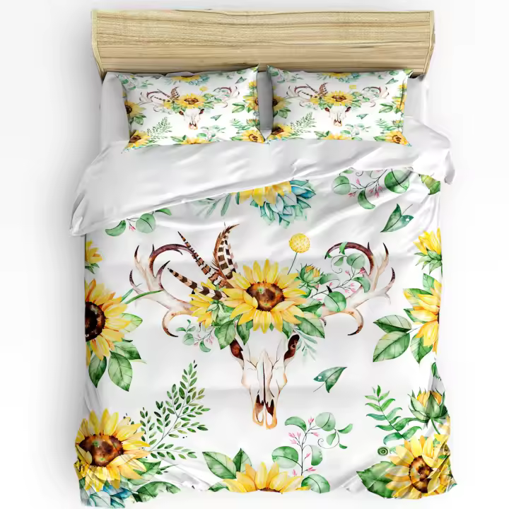 Juego de Ropa de Cama Suower con Flores Cuernos Plumas Hojas 3 Piezas Funda de Edredón Saco de Almohada Cubierta de Edredón para Cama Doble Conjunto de Textiles para el Hogar - 1