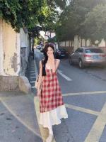 Dos vestidos camisola de encaje a cuadros falsos, estilo de vacaciones junto al mar de verano para mujer, sentido del diseño, falda larga de nicho - details 11