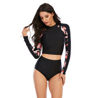 Conjunto de tankini corto de manga larga con estampado floral, cintura alta, corte alto y cuello alto, traje de surf y buceo con - details 1