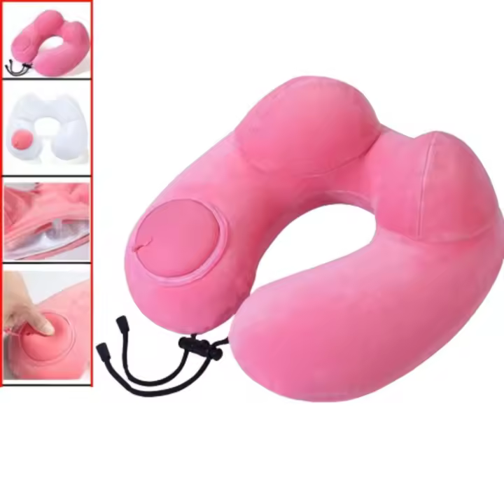 Almohada de viaje inflable en forma de U, cojín de soporte para el cuello con presión manual suave, cómodo para dormir, prensa plegable para inflar la almohada - 1
