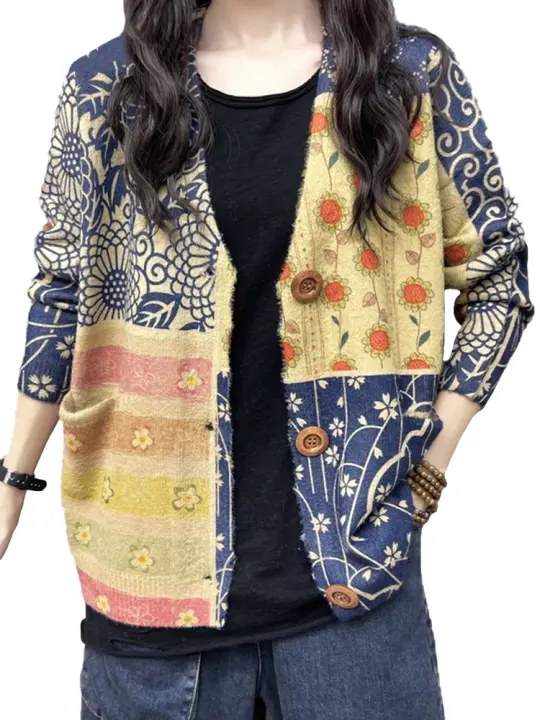 Suéter de Punto Grueso de Lujo para Mujer Estilo Coreano Invierno V-CUello Estampado Casual Moda Floral Cardigan Suelto Clásico Ropa para Damas - 1