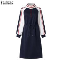ZANZEA-vestido deportivo de primavera para mujer, vestido informal a la moda de manga larga con rayas en contraste, vestido Midi con cuello levantado y cordón en la cintura - details 6