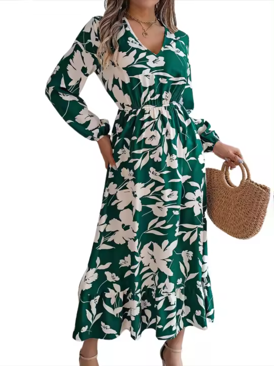 Vestidos de moda con cuello en V Vestido estético de manga larga con volantes florales para mujer, nuevo en oferta - 1