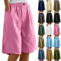 Pantalones Cortos de Lino y Algodón para Mujer Color Sólido, Cintura Suelta, Bolsillo, Botón, Moda Casual - details 0