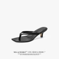 Sandalias de punta cuadrada con clip para mujer, verano 2024, nuevas chanclas de tacón alto, talla grande, tacón delgado, pantuflas de cuero para mujer para exteriores - details 1