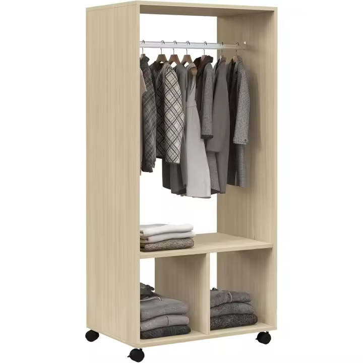 Armario Ropero con Ruedas Armario para Ropa con Barra Estantes Abiertos Organizador para Colgar Ropa de Dormitorio 60x40x128 cm Natural - 1